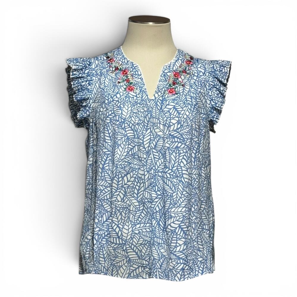 Auneliese‎ Embroidered Flutter Tunic Top Blue White Small